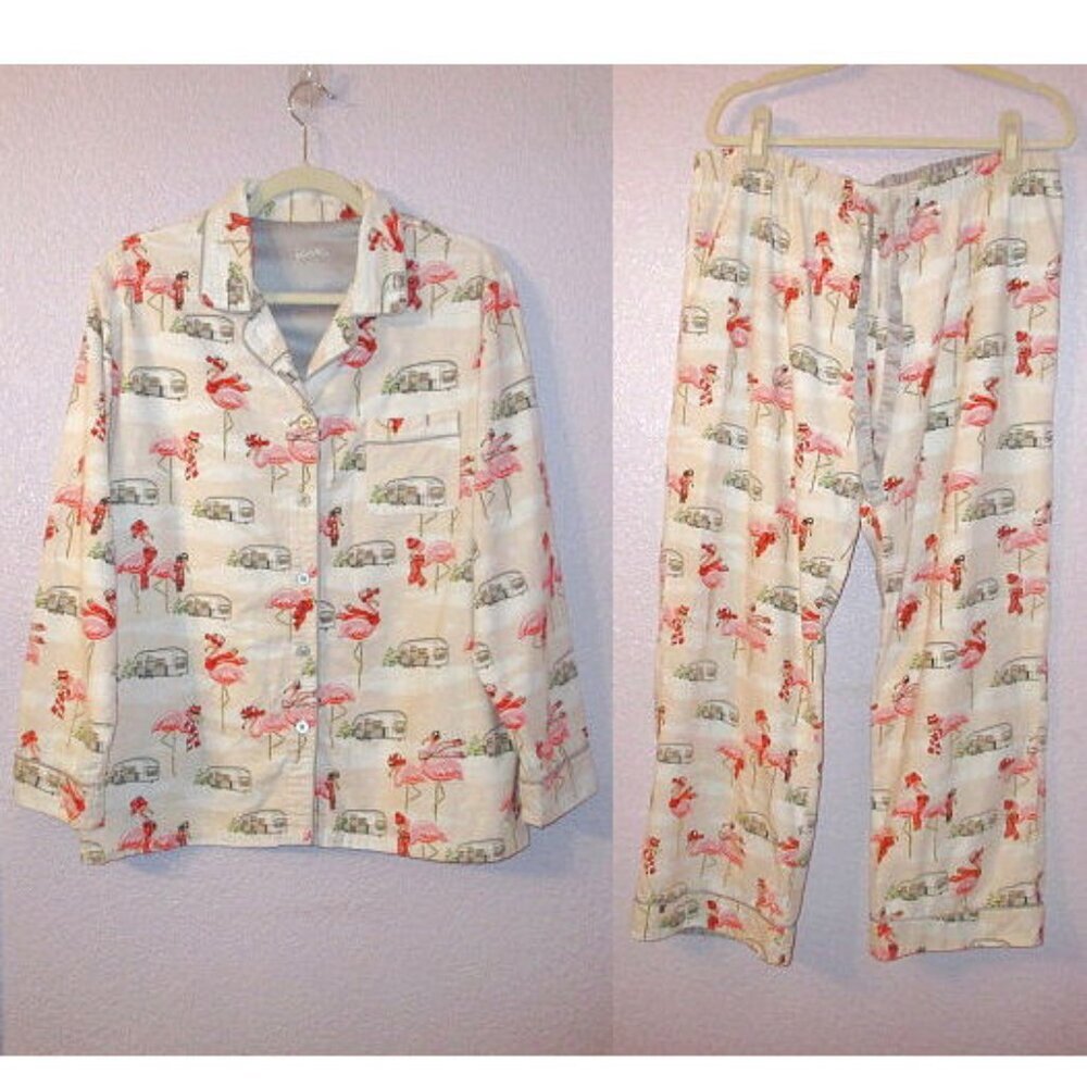 Nick & Nora Flannel Pajamas Size L Top & Pants Trailer Park Pink Flamingo Camper